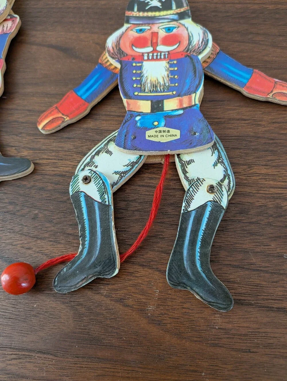 2 Vintage Christmas Nutcracker Pull String Jumping Jack Wooden Puppet Ornaments